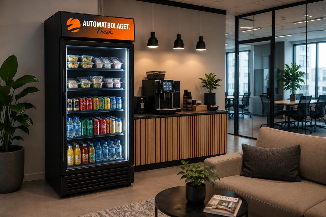 Automat med mat, dryck och snacks bredvid en kaffemaskin på ett kontor